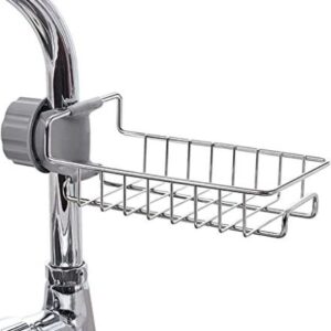 HOME CUBE 1 Pc Metal Chrome Finish Kitchen Faucet Sponge Holder, Hanging Sink Organizer Caddy Rack,Towel Holder,Faucet Caddy for Bathroom – Silver