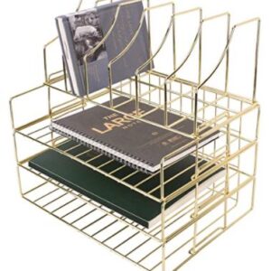Hosaken Paper Tray, 3-Tier Stackable File Trays Plus Magazine Holder, Wire Desk Organizer Document Sorter Shelf for Home and Office Supplies, Gold